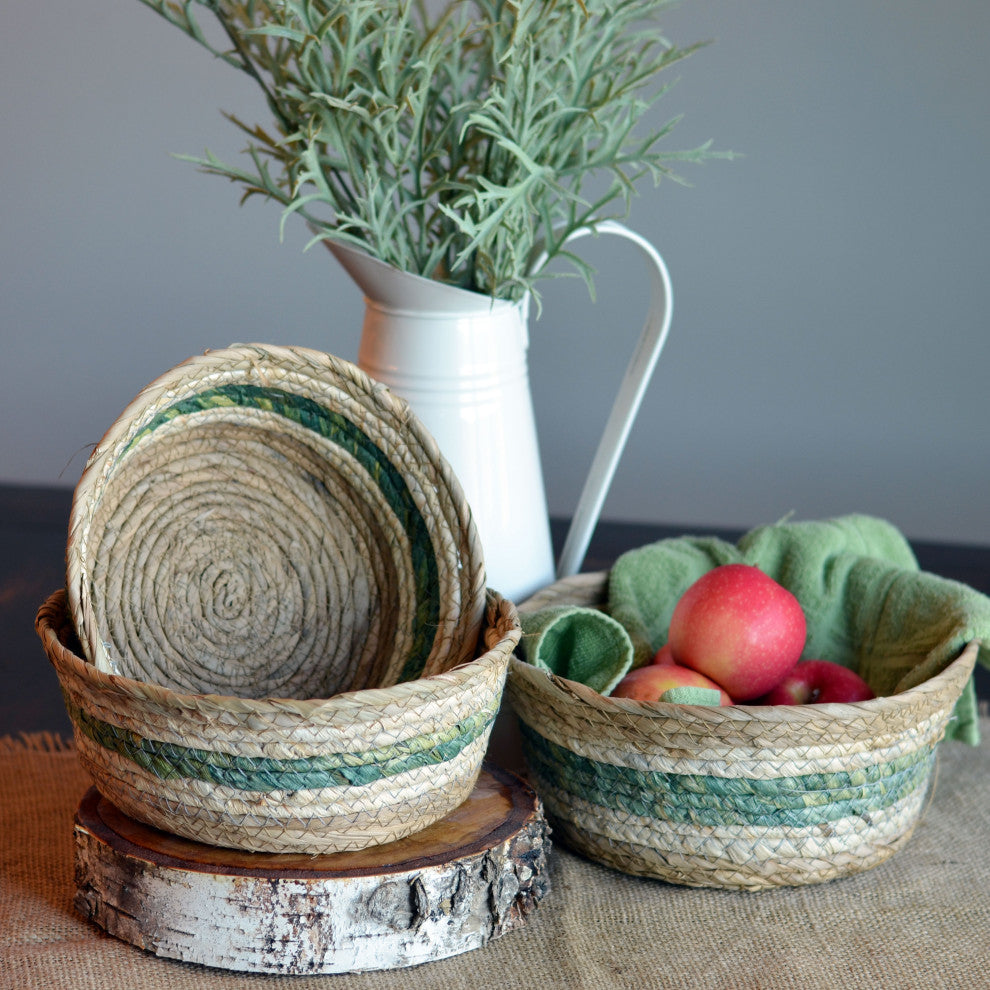 3 Piece Green and Natural Striped Baskets Set