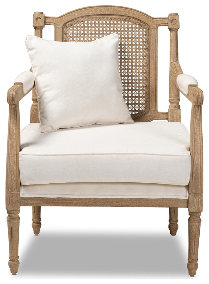 French Provincial Ivory Fabric Upholstered Whitewashed Wood Armchair