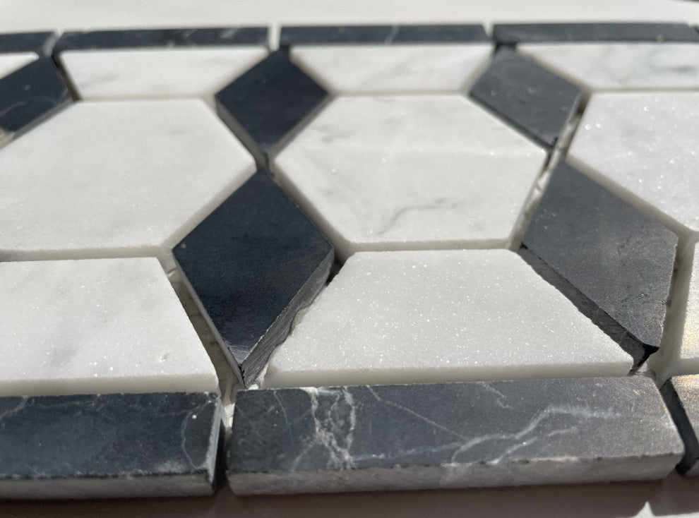 Carrara White Marble Hexagon Mosaic Border Listello Tile Honed 2", 1 sheet