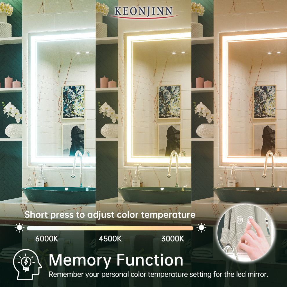 3-Colors LED Bathroom Mirror, Anti-Fog Memory Dimmable, Sliver, 36"x28"