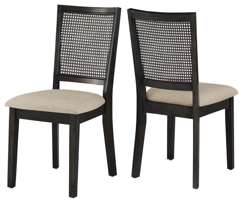 Arbor Hill Beige Linen Rattan Back Dining Chairs, Set of 2, Antique Black