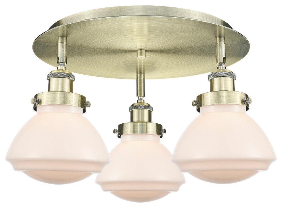 Olean-3 Light 18" Flush Mount-Antique Brass, Matte White Glass Shade