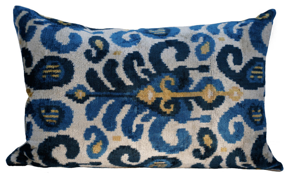 Canvello Handmade Gold Blue Velvet Throw Pillow Down Filled 16x24 in