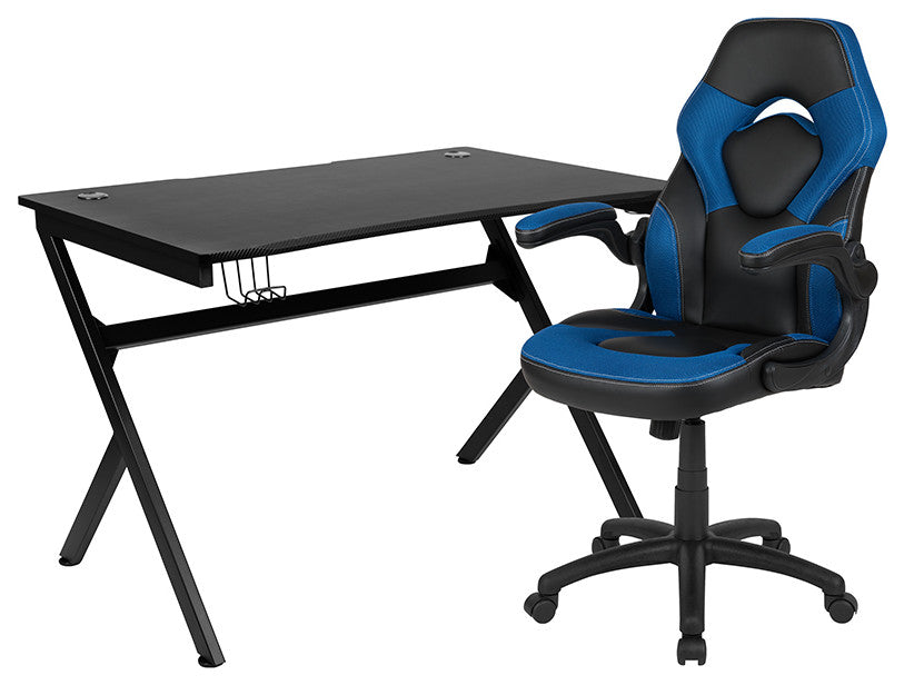 Gaming Desk & Blue Racing Chair Set w/Cup Holder, Headphone Hook & 2 Wire Holes