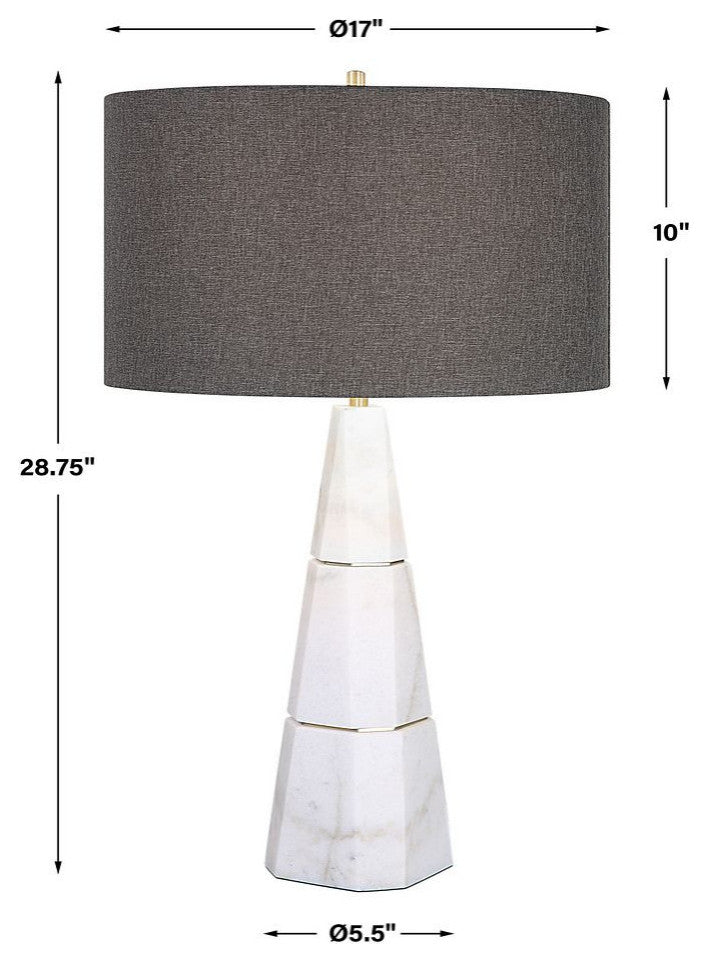 Luxe Tapered White Marble Pyramid Table Lamp 29 in Faceted Gray Veined Brass