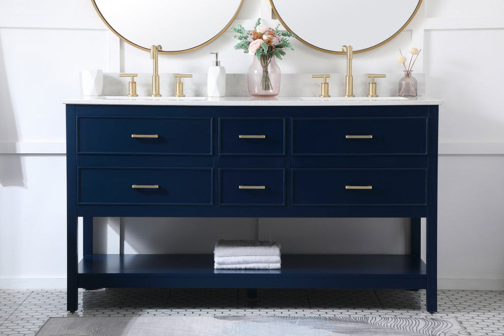 Elegant VF19060DBL-BS 60"Double Bathroom Vanity, Blue With Backsplash