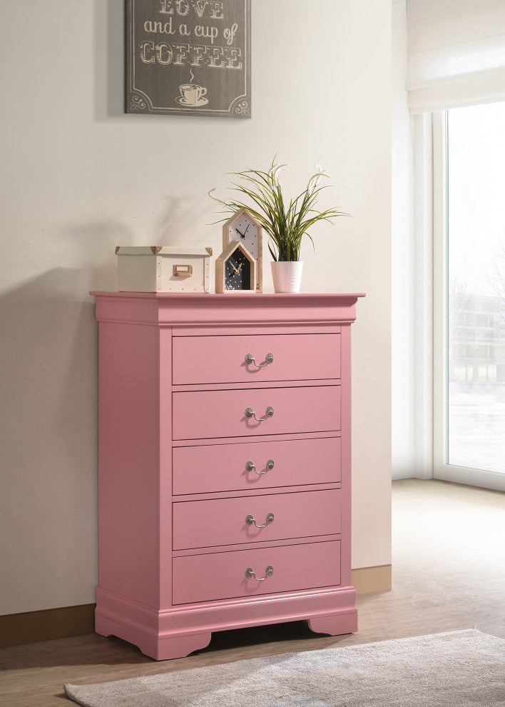 Louis Phillipe Pink 5 Drawer Chest of Drawers, 33, L. X 18, W. X 48, H.
