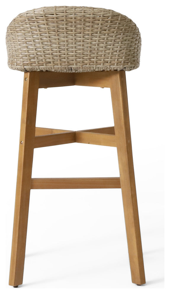 Beeson Outdoor Wicker and Acacia Wood 30" Barstools, Set of 2
