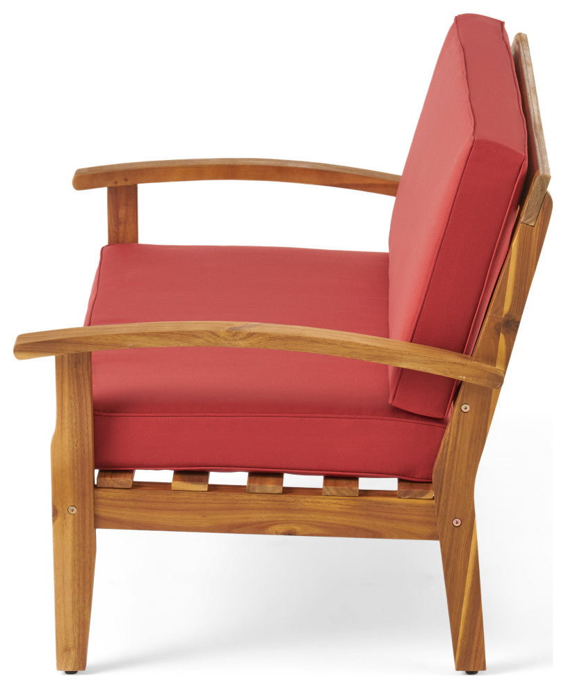 GDF Studio Keanu Outdoor Acacia Wood Loveseat and Coffee Table Set With Cushions, Red