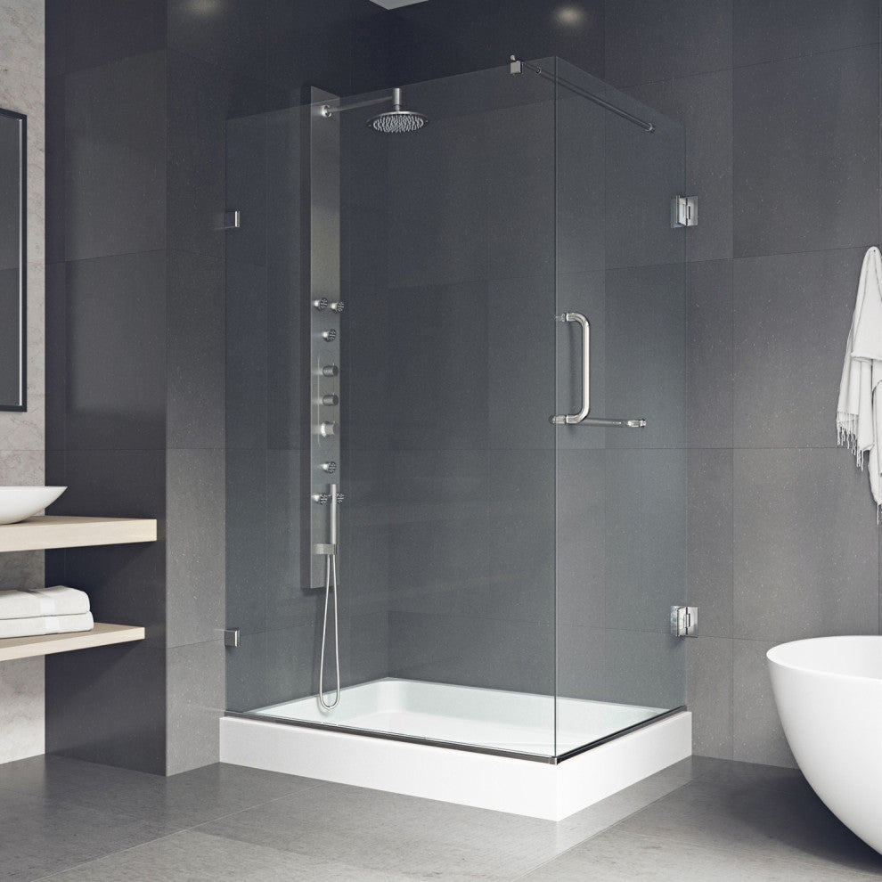 VIGO Pacifica 48"D x 36"W x 79"H Frameless Hinged Shower Enclosure, Brushed Nickel, Left Base