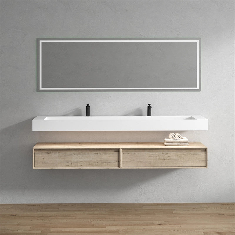 Alysa 84'' Floating Vanity, Acrylic Sink, Double Faucet Hole, Light White Oak