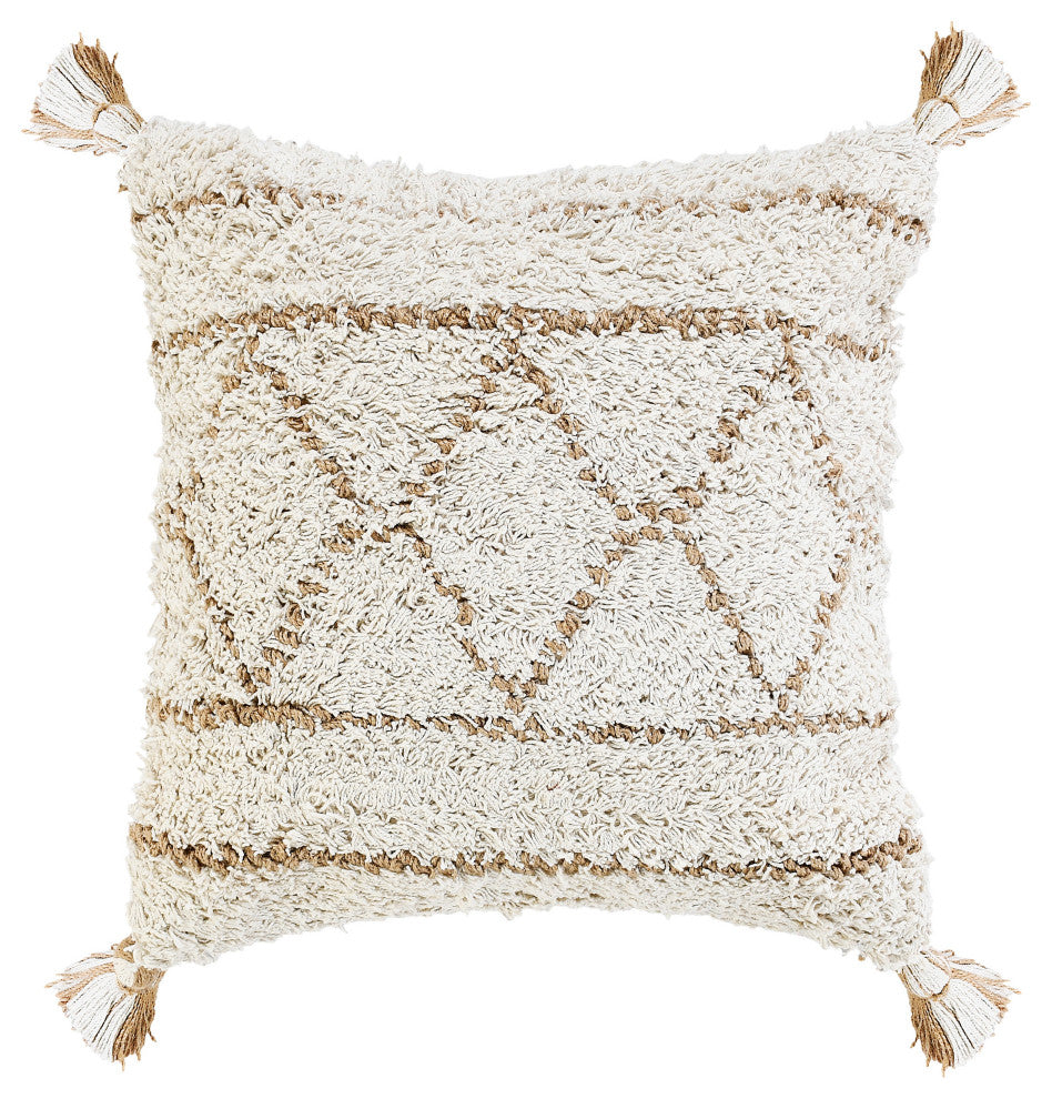 Boho-Chic Diamond Jute and Cotton Throw Pillow, 20" X 20"