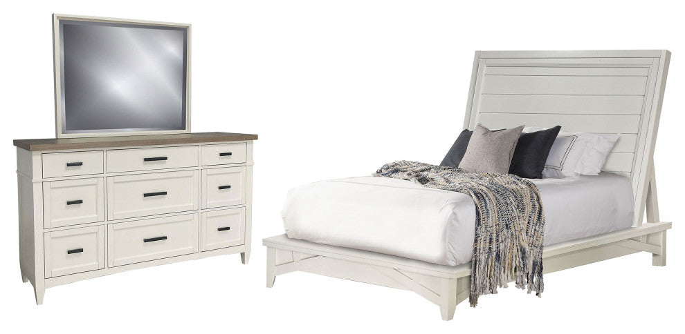 Queen Platform Bed With Dresser and Mirror, Queen
