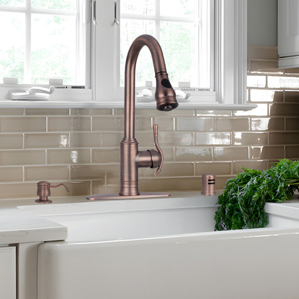 Copper Pull Down Kitchen Faucet, Single Level Solid Brass Kitchen Sink Faucets, American Bronze