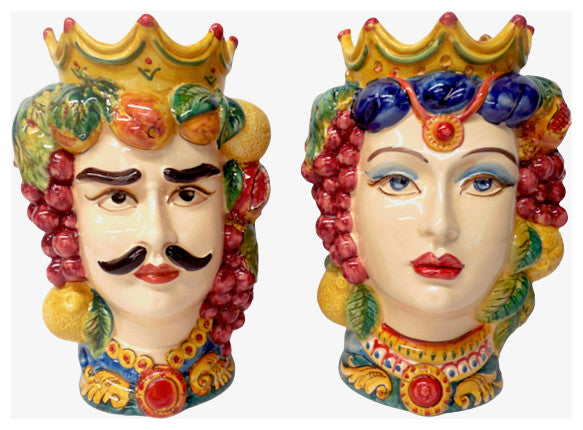 Sicilian Ceramiche Artistiche La Giara 14"� Signore e Signora Head Vase Pair