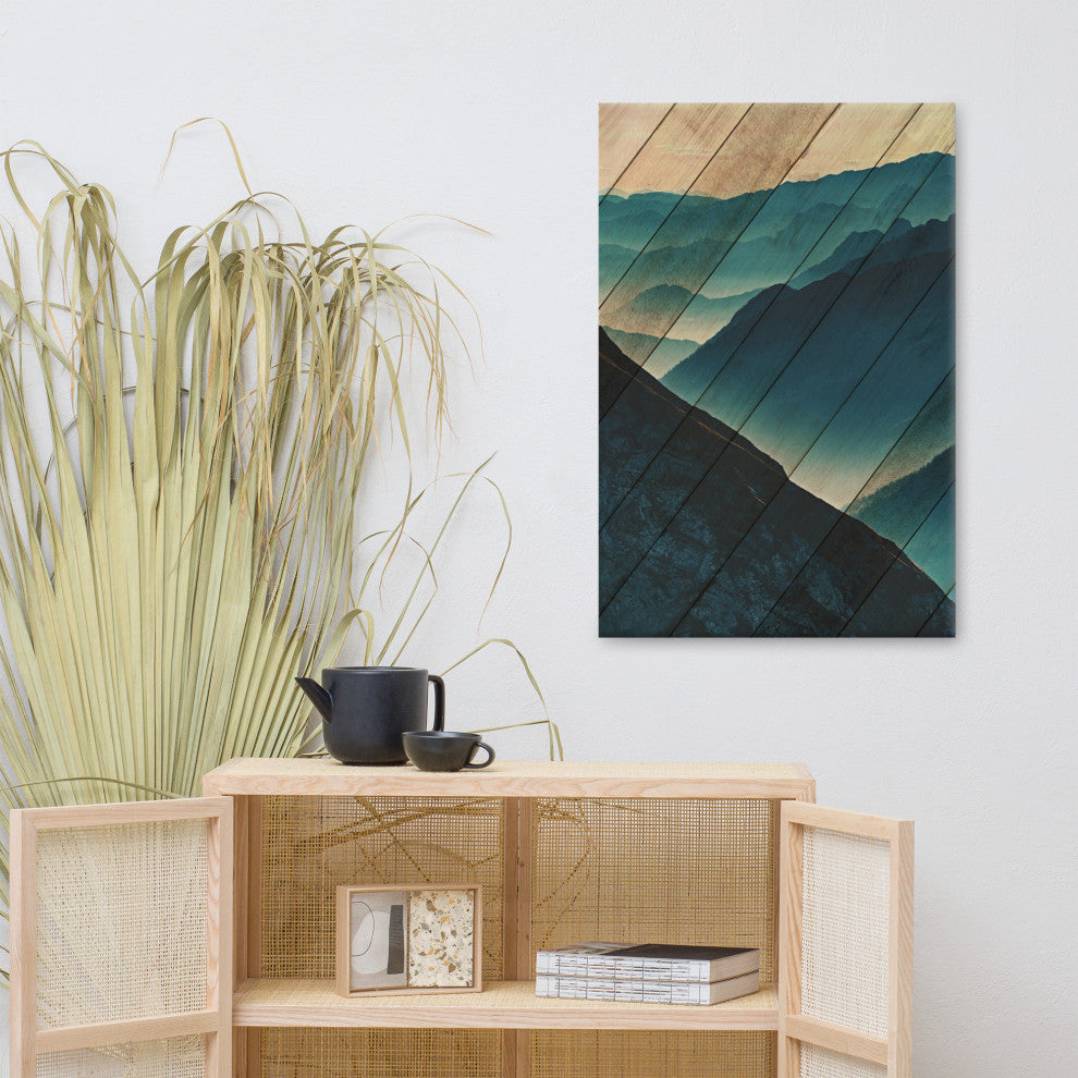 Faux Wood Misty Blue Silhouette Mountains Landscape Canvas Art Print, 24" X 36"