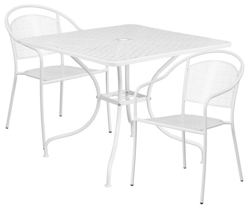 35.5'' Square Indoor-Outdoor Steel Patio Table and 2 Round Back Chairs, White