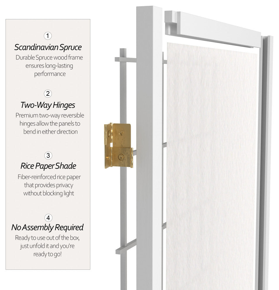3' Tall Window Pane Shoji Screen, White, 5 Panels