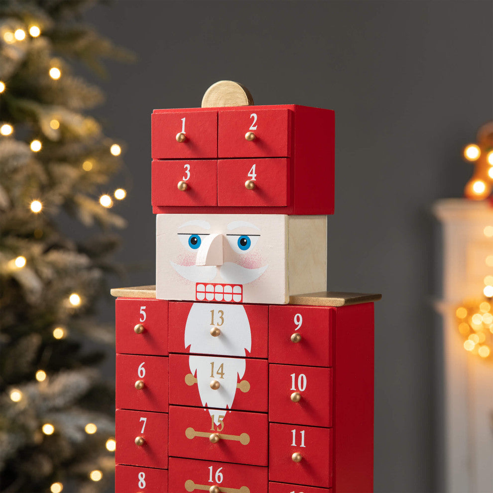 17.25"H Wooden Christmas Nutcracker Countdown Calendar Decor With Drawer