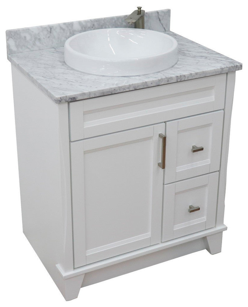 31" Single Sink Vanity, White Finish With White Carrara Marble With Round Sink