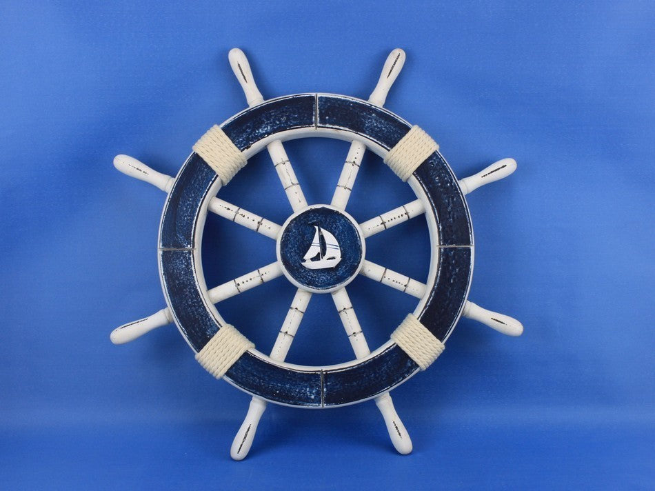 Rustic Decorative Ships Wheel With Sailboat, Dark Blue, 18"