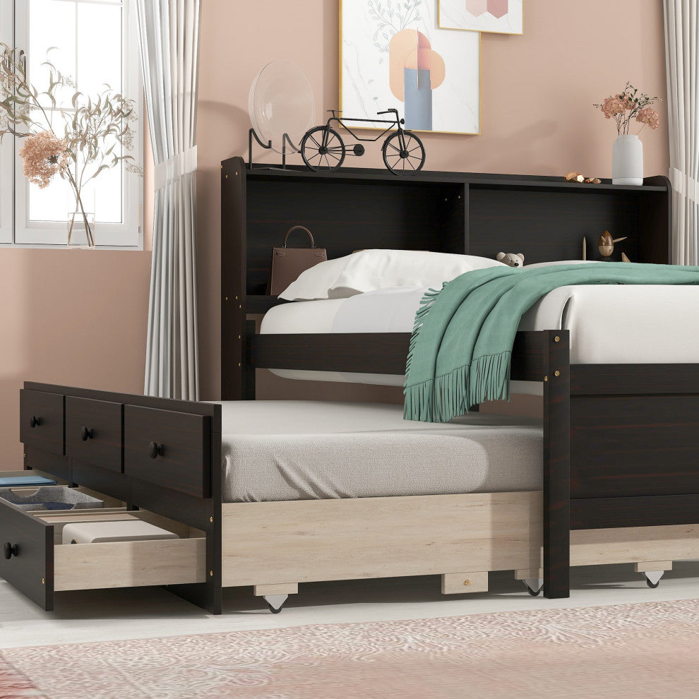Full/Twin Wood Frame Platform Bed with Trundle and Drawers, Espresso, Full