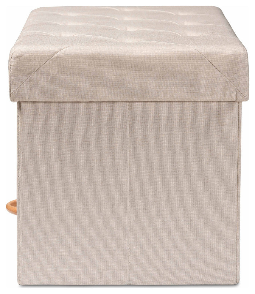 Beige Fabric Upholstered and Oak Brown Finished Wood 2-Drawer Storage Ottoman