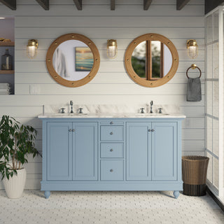 Bella 60" Bathroom Vanity, Powder Blue, Carrara Marble, Double Vanity
