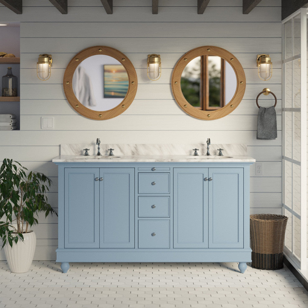 Bella 60" Bathroom Vanity, Powder Blue, Carrara Marble, Double Vanity