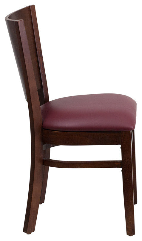 Modern Solid Back Walnut Wood Restaurant Chair, Burgundy Vinyl Seat
