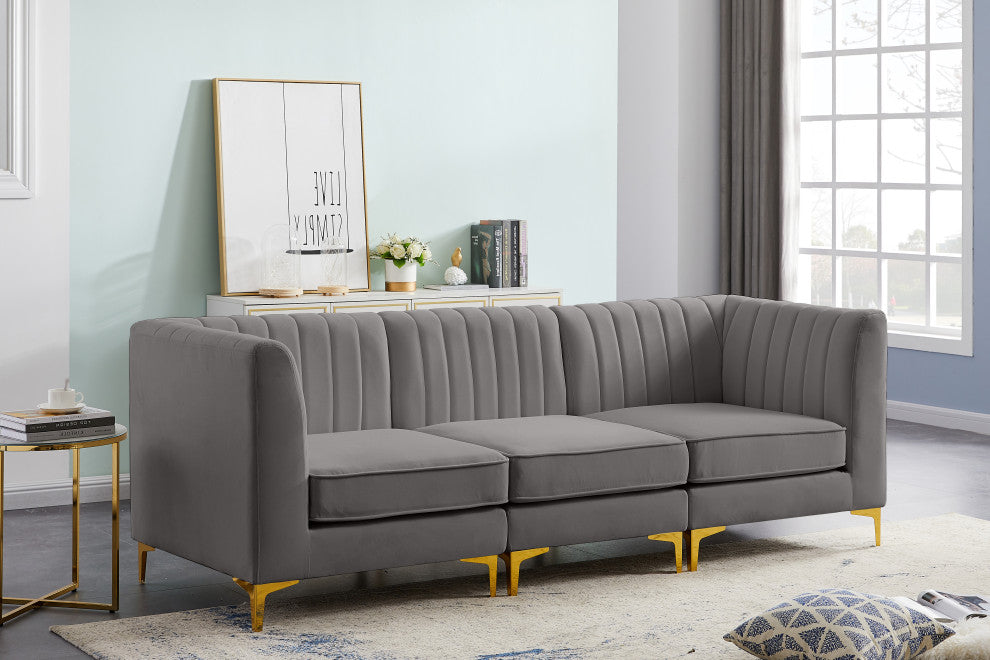 Alina Velvet Upholstered 3-Piece Modular Sofa, Grey