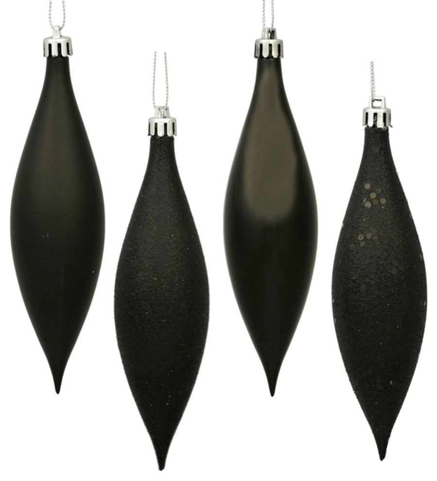 8 Piece Black Shatterproof 4-Finish Finial Drop Christmas Ornament 5.5"