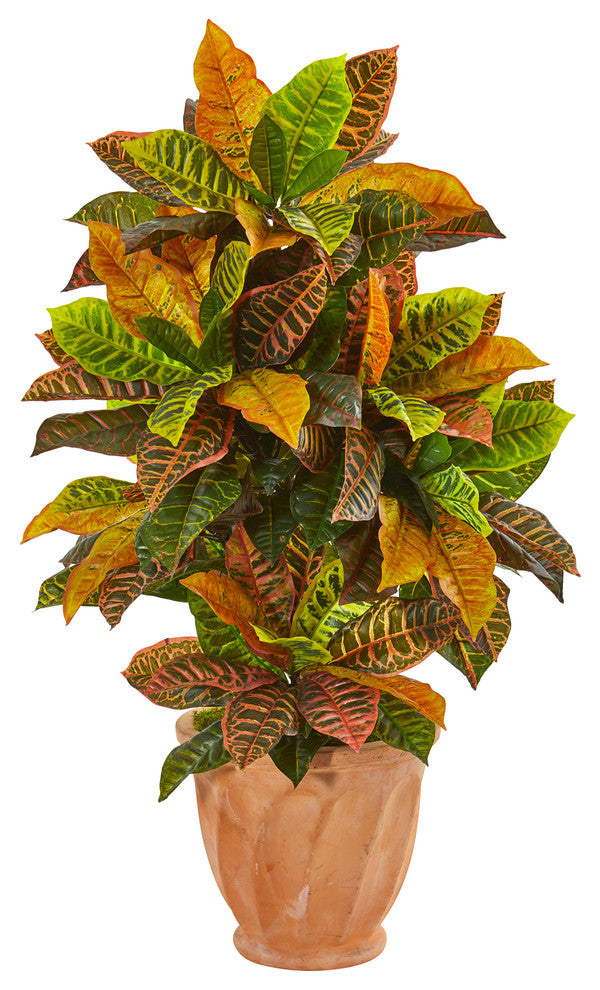 40" Croton Artificial Plant in Terracotta Planter, Real Touch