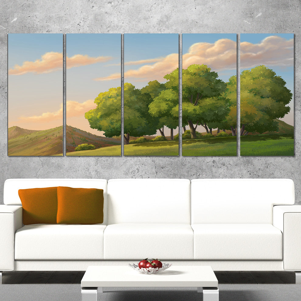 "Green Mounds With Green Trees" Landscape Wall Art Print, 5 Panels, 60"x28"
