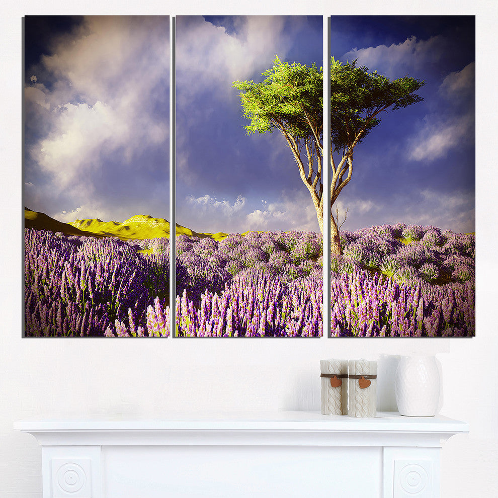 "Green Tree in Lavender Field" Metal Wall Art, 3 Panels, 36"x28"
