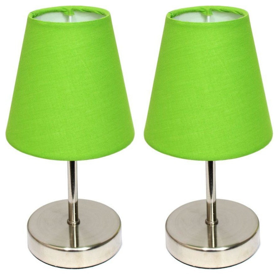 Simple Designs Sand Nickel Mini Basic Table Lamps, Fabric Green Shade 2-Pack Set