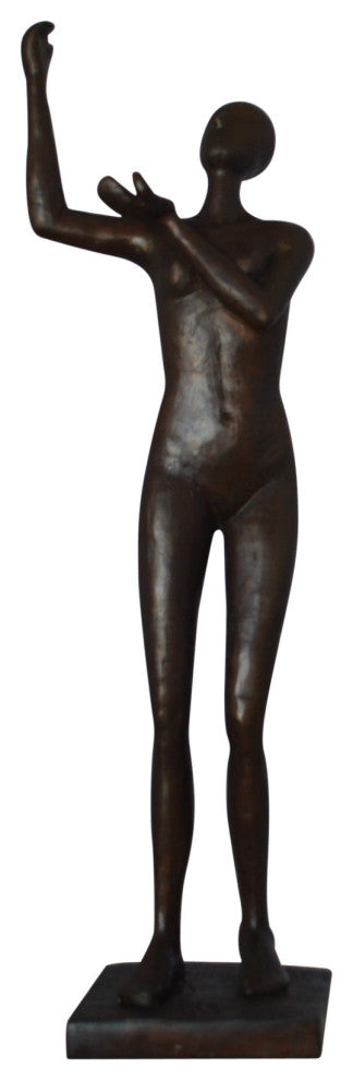 Abstract of nude lady lifting hand bronze statue - Size: 9"L x 6"W x 25"H.