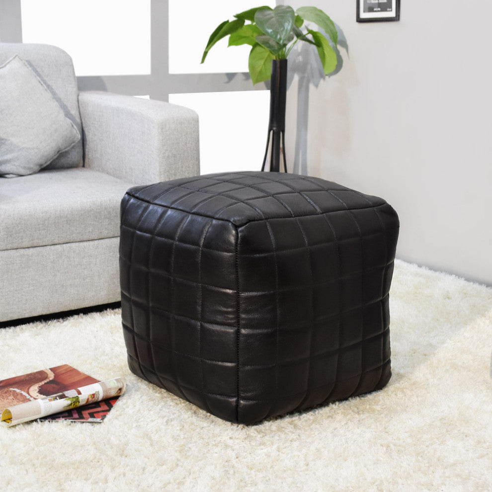 Geometric Handmade Leather Pouf: Stylish & Durable Home Decor Accent