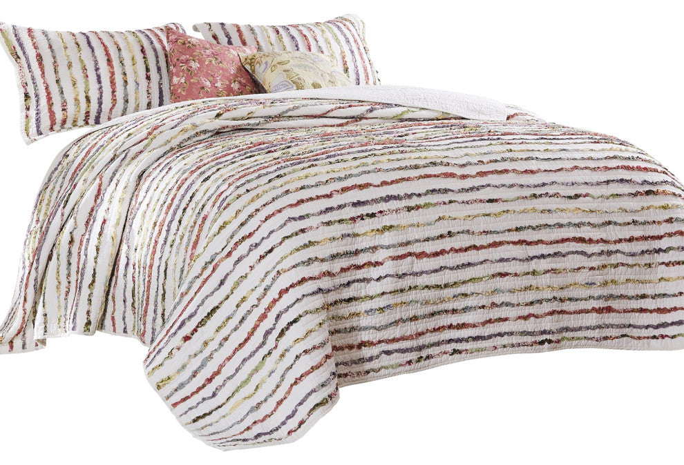 Benzara BM226428 5 Piece Queen Size Cotton Quilt Set with Sewn Floral Ruffles