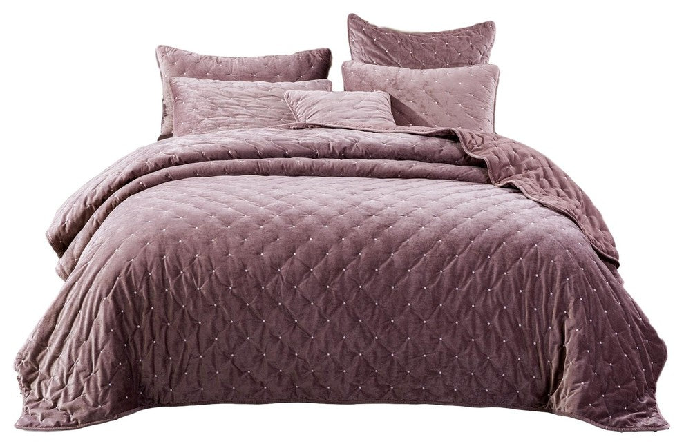 Mauve Velvet Diamond Tuft Bedspread Quilt Set, King