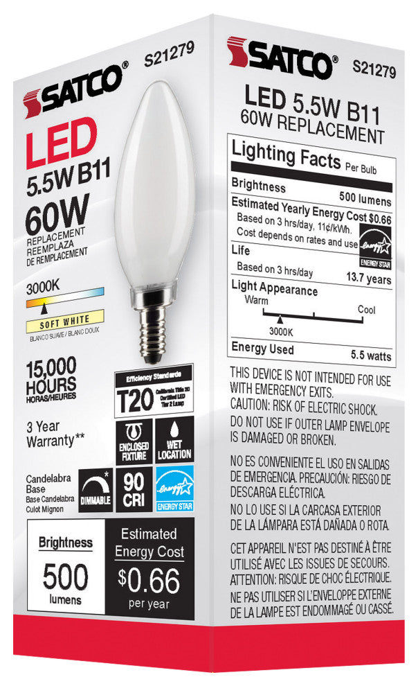 5.5W B11 LED, Frost, Candelabra Base, 90 CRI, 3000K, 120V
