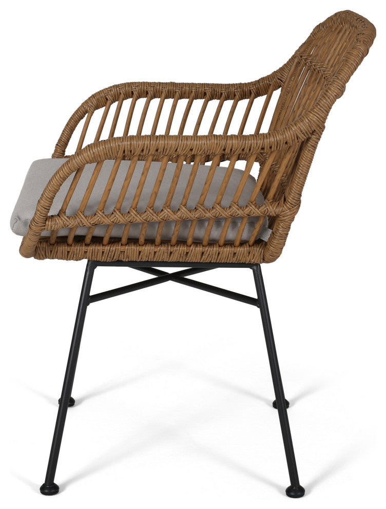 Rodney Outdoor Woven Faux Rattan Chairs With Cushions, Set of 2, Light Brown, Beige