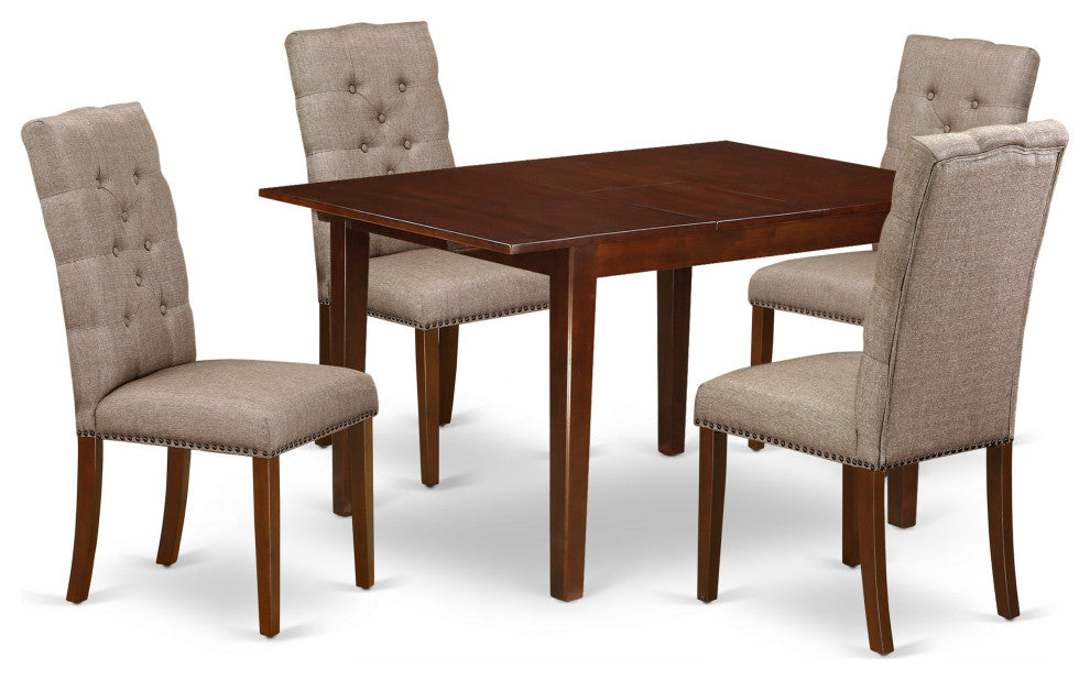5Pc Dining Set - 4 Kitchen Parson Chairs, Butterfly Leaf Table, Mahogany Finish
