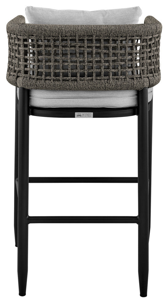 Felicia Patio Stool, Metal With Gray Rope and Cushions, Black, Counter Height