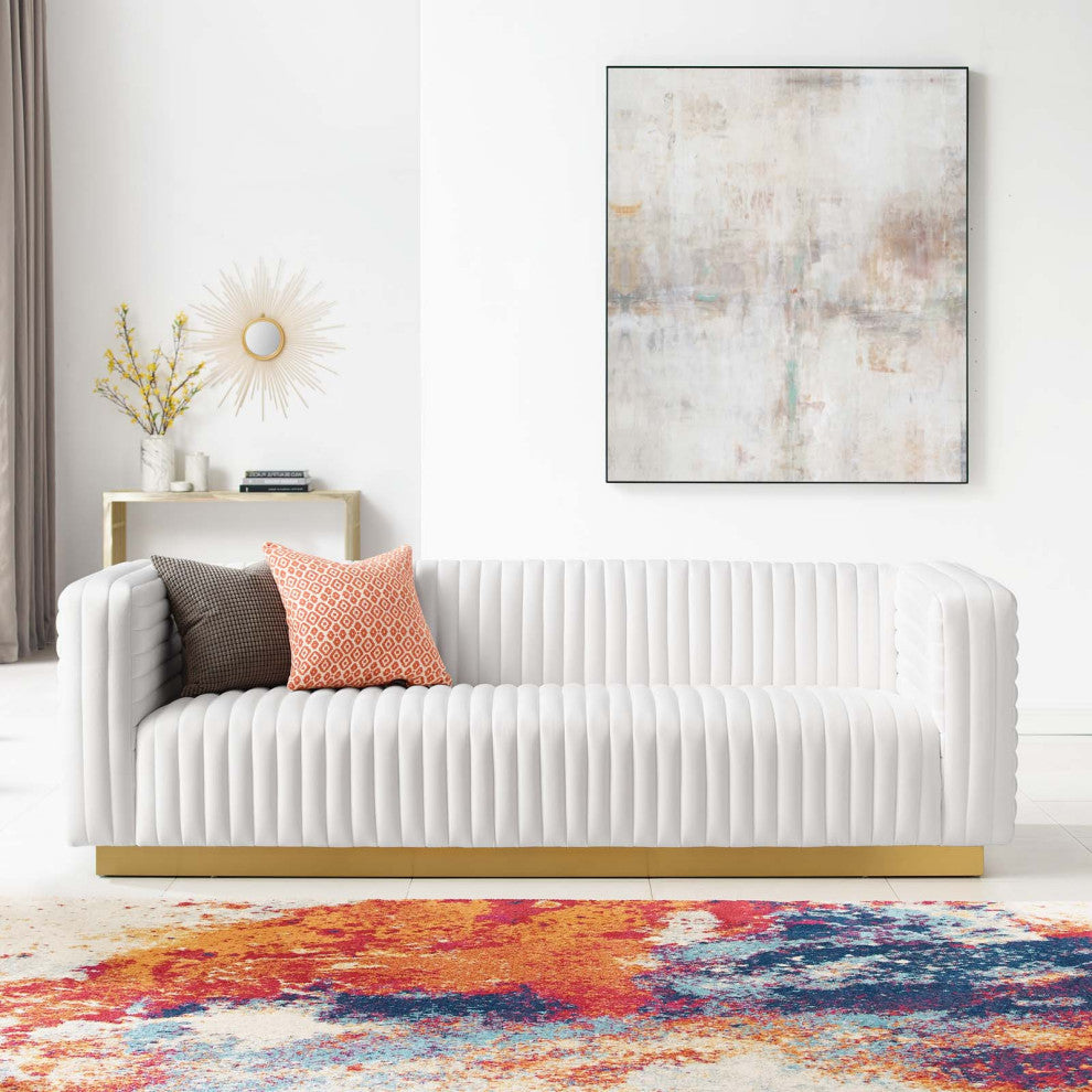 Tufted Sofa, Velvet, White, Modern, Living Lounge Room Hotel Lobby Hospitality