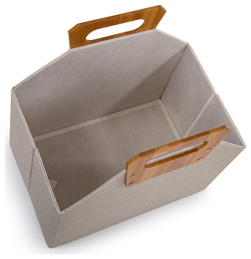 Modern and Sleek Collapsible Paper Beige Storage Basket with Bamboo Handles