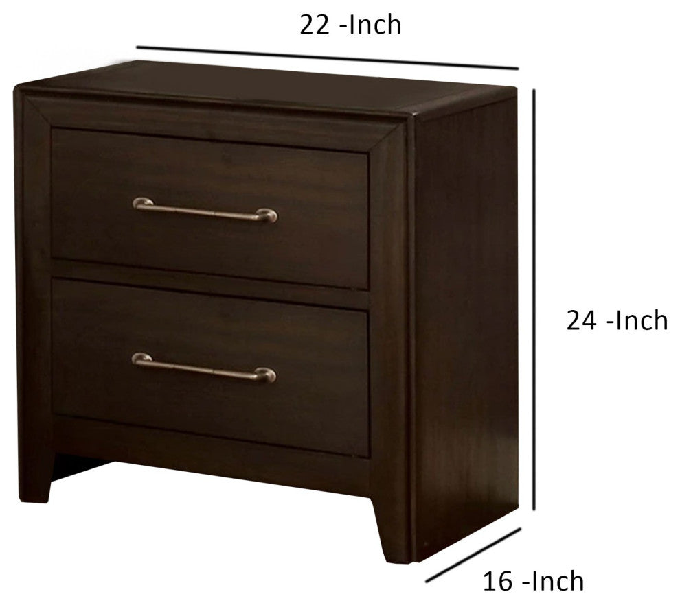 Benzara BM241943 Nightstand With 2 Drawers and Metal Bar Pulls, Walnut Brown