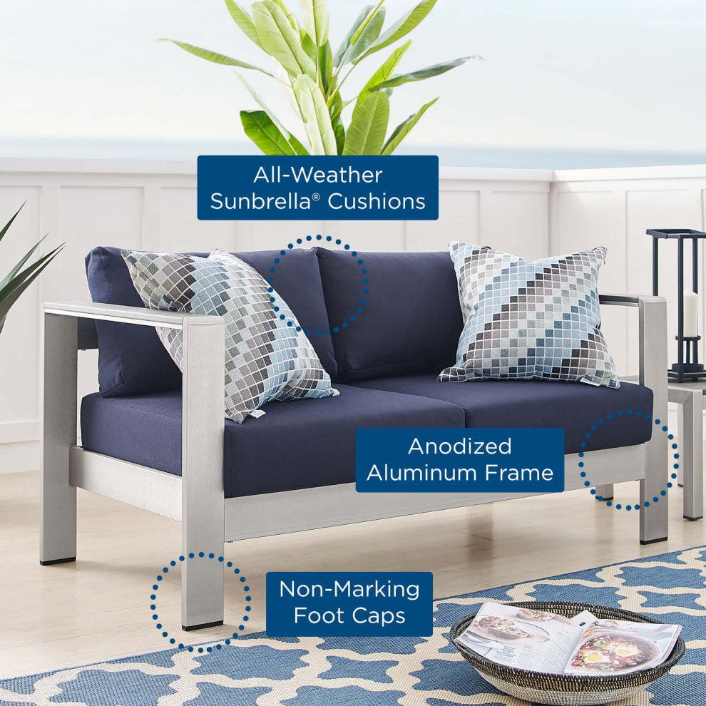 Lounge Loveseat Sofa, Sunbrella, Fabric, Aluminum, Silver Blue Navy, Outdoor
