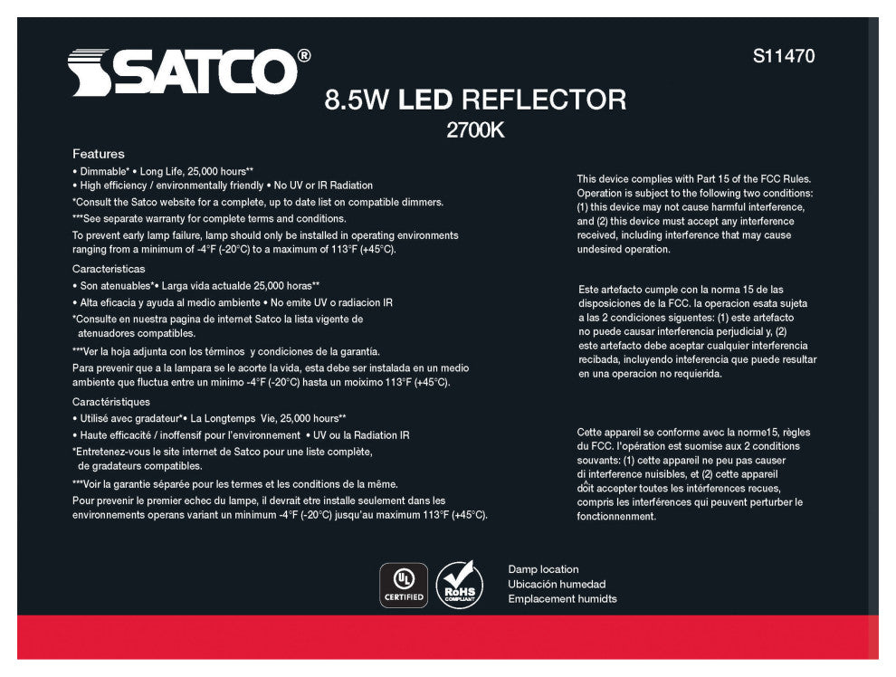 8.5W, BR30 LED, 2700K, 80 CRI, Medium Base, 120Vs, Dimmable, 6-Pack
