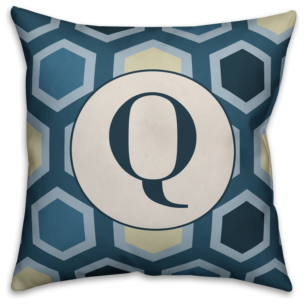 Q Blue Hexagon Monogram Spun Poly Pillow, 18x18